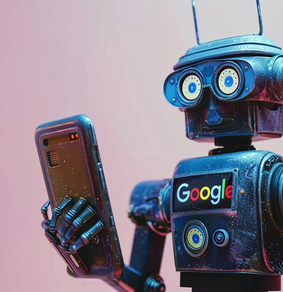 Roboter mit Google-Logo hält ein Smartphone, symbolisiert das Google Core Update und algorithmische Änderungen.