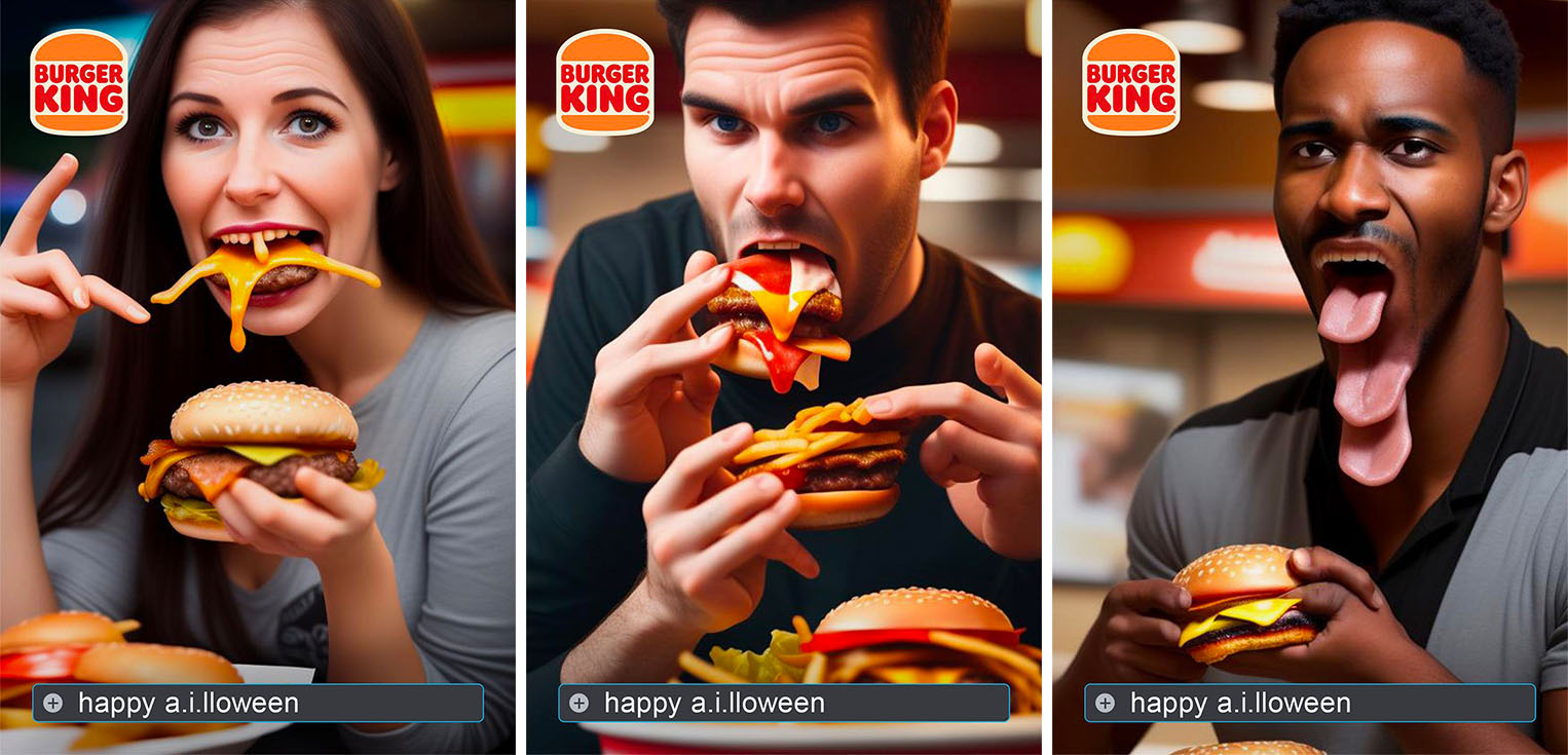 KI-generierte Burger King „A.I.lloween“ Kampagnenmotive Drei KI-generierte Burger King „A.I.lloween“-Bilder von grotesk Burger essenden Menschen.