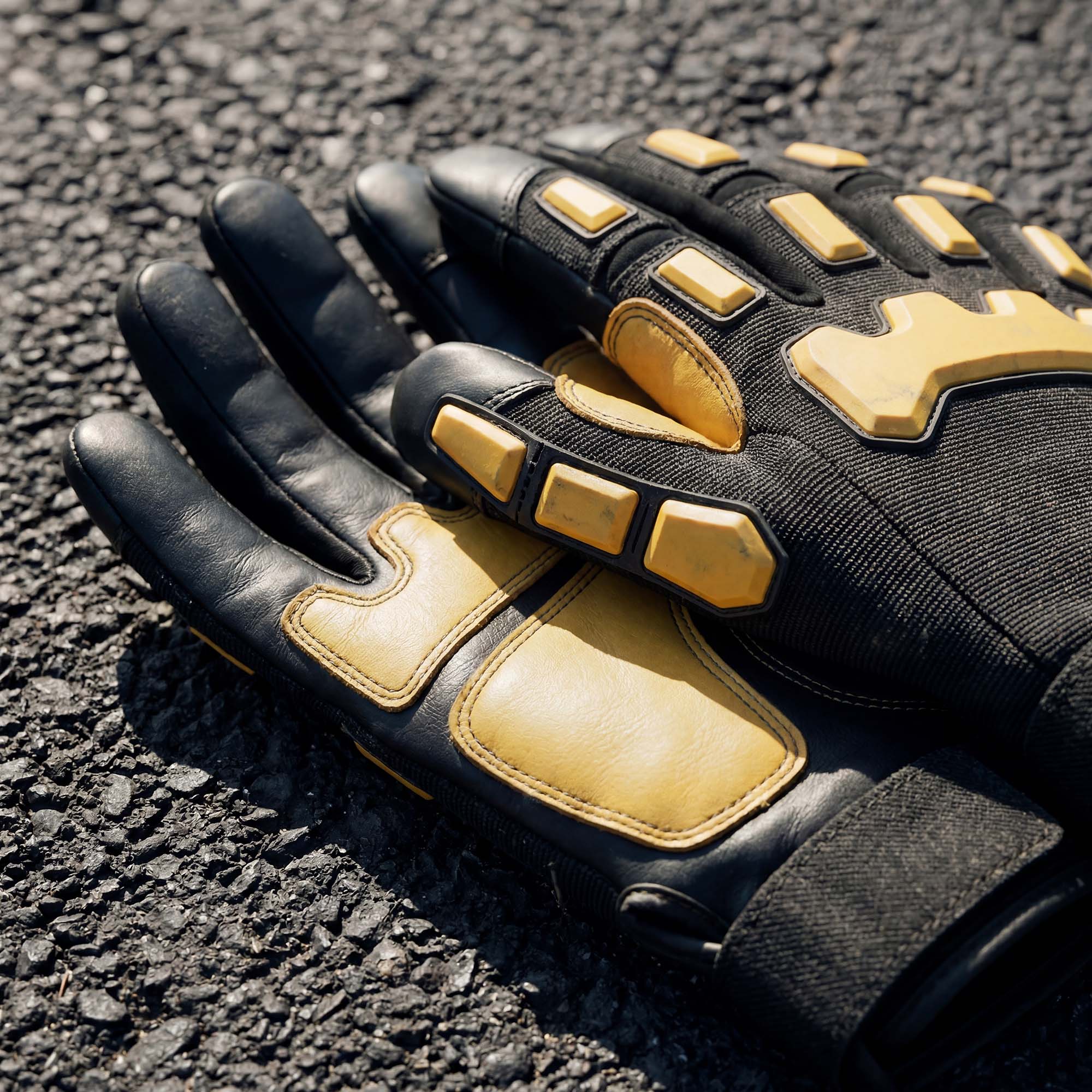 Schutzhandschuhe auf Asphalt Nahaufnahme von schwarz-gelben Schutzhandschuhen mit Knöchelpolsterung, auf dunklem Asphalt liegend.