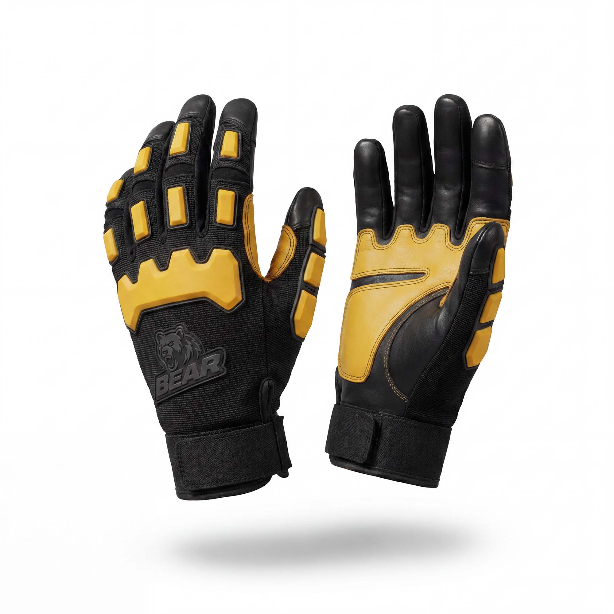 Schwarz-gelbe Schutzhandschuhe Ein Paar schwarze und gelbe Arbeitshandschuhe mit Aufprallschutz und verstärkten Handflächen, mit „BEAR“-Logo.