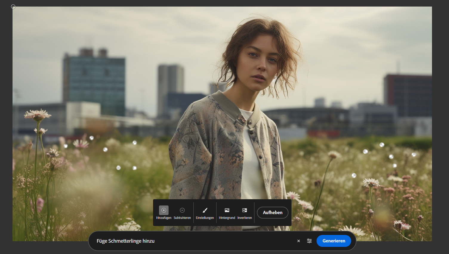 Bildschirmfoto der Adobe Firefly-Oberfläche, in der ein künstlich generiertes Bild einer Frau auf einer Wiese bearbeitet wird