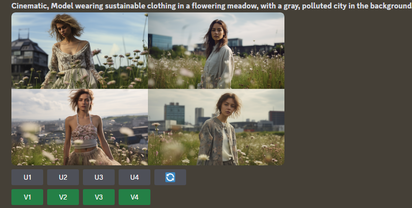 Vier Versionen eines von Midjourney generierten Bildes einer Frau auf einer Wiese.