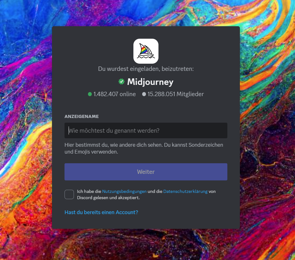 Screenshot des Einladungsbildschirms von Discord für den Midjourney-Server.