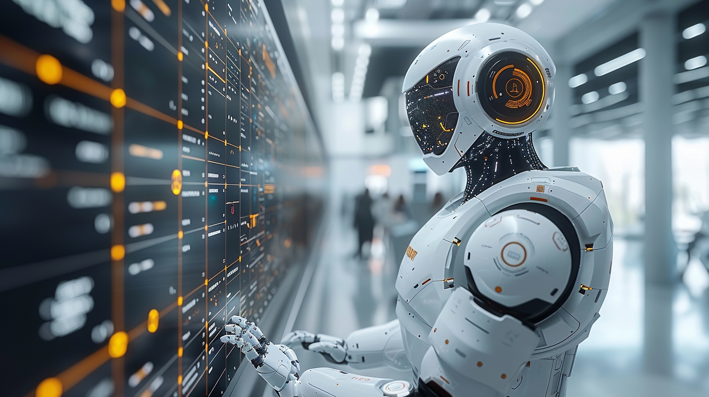 Ein futuristischer Roboter interagiert mit einer digitalen Datenwand, die komplexe Informationen anzeigt. Das Bild symbolisiert die Integration von Künstlicher Intelligenz in moderne Technologien.