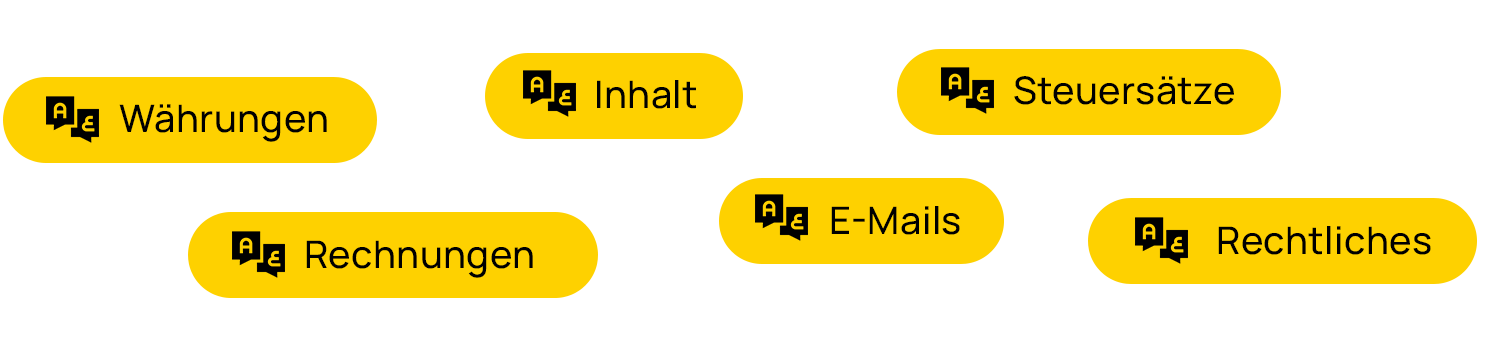 Grafik zu Mehrsprachigkeit mit Fokus auf Währungen, Rechnungen, E-Mails, Steuersätze und rechtliche Inhalte Die Grafik visualisiert zentrale Aspekte der Mehrsprachigkeit wie rechtliche Inhalte, Rechnungen, Währungen und E-Mails. Sie zeigt, dass erfolgreiche Mehrsprachigkeit weit über reine Übersetzung hinausgeht und technische sowie inhaltliche Anforderungen umfasst.