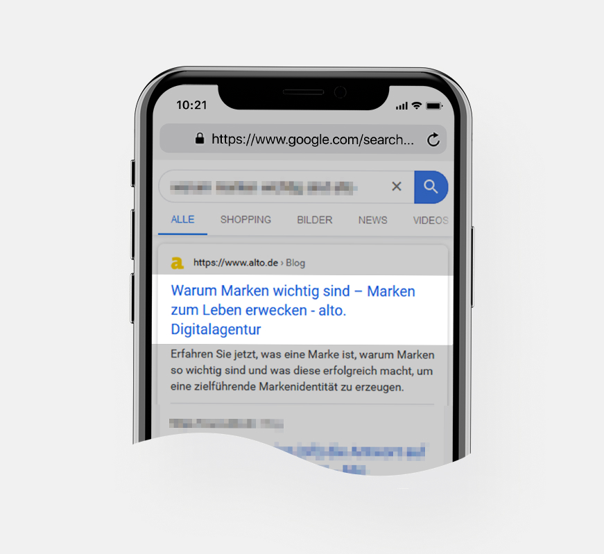 Ansicht eines mobilen Suchergebnisses eines alto. Blogbeitrags bei Google