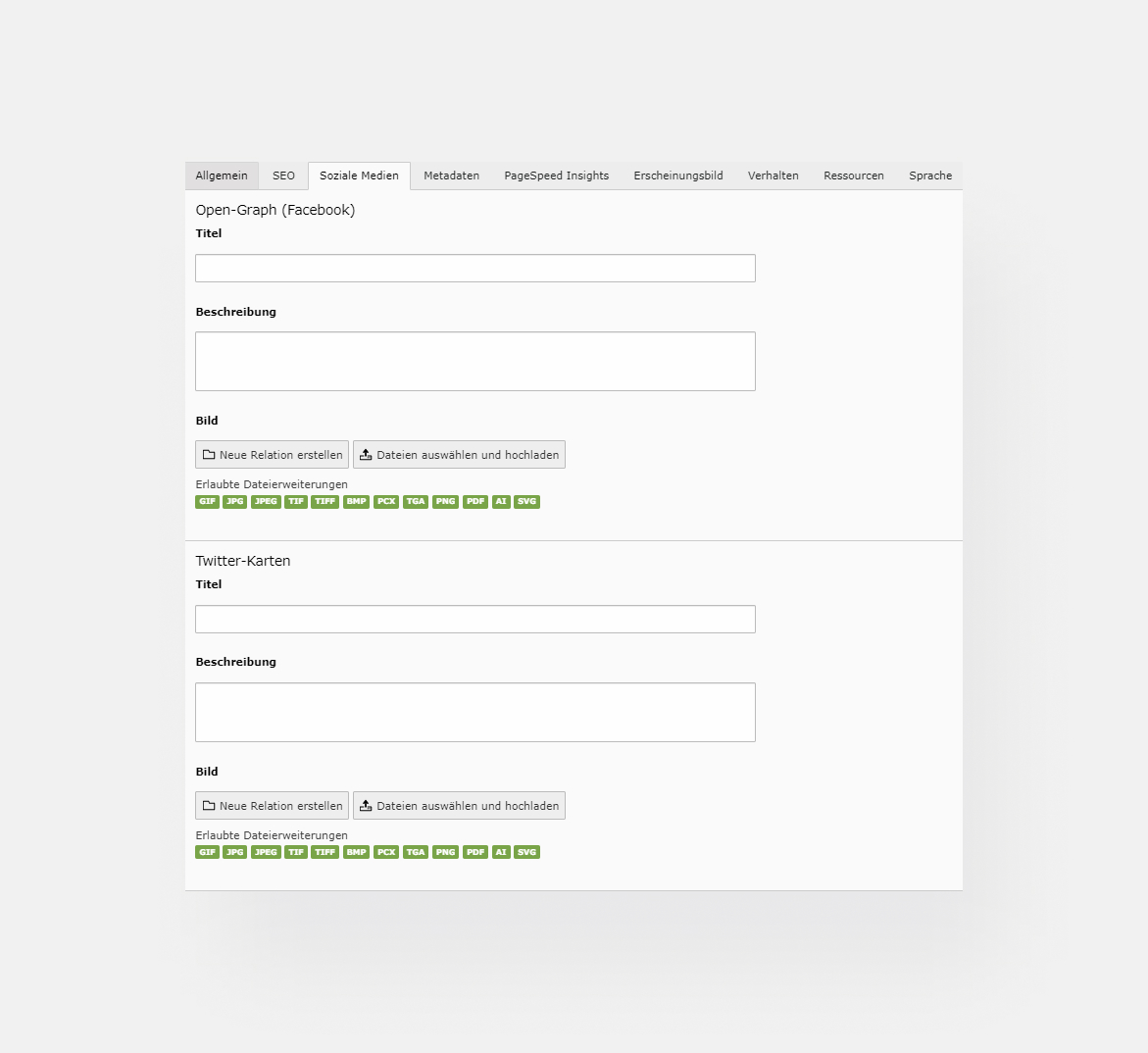 TYPO3-Backend-Screenshot, welcher zeigt, dass Social Meta Tags bequem gepflegt werden können