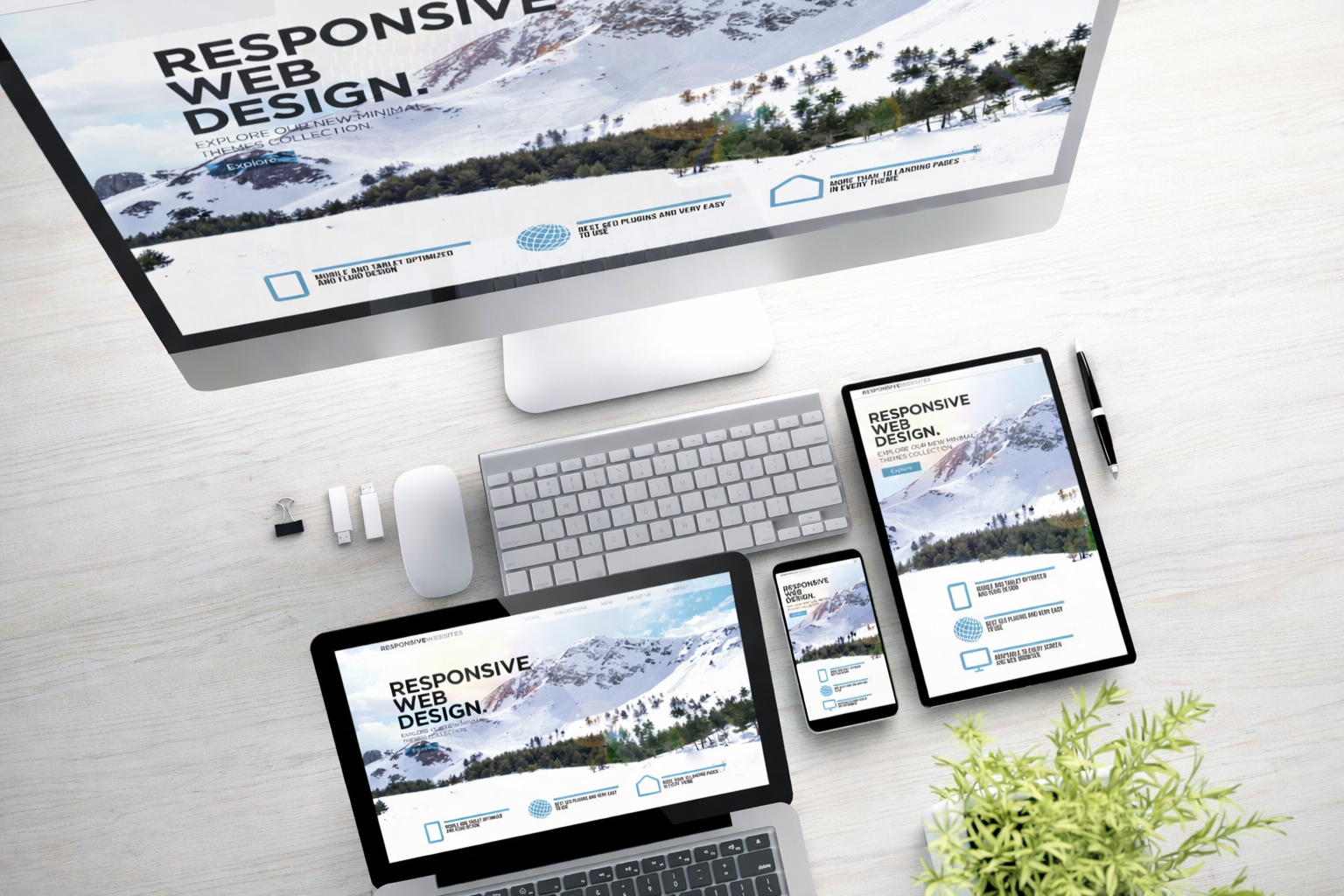 Darstellung einer Website im Responsive Webdesign auf Desktop, Tablet und Smartphone zur Veranschaulichung von Breakpoints und Layout-Anpassung.