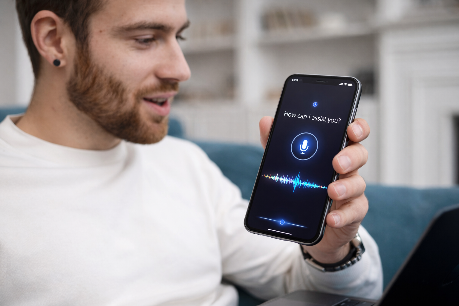 Mann spricht mit einem digitalen Sprachassistenten auf seinem Smartphone und nutzt eine KI-basierte Echtzeit-Sprachinteraktion.