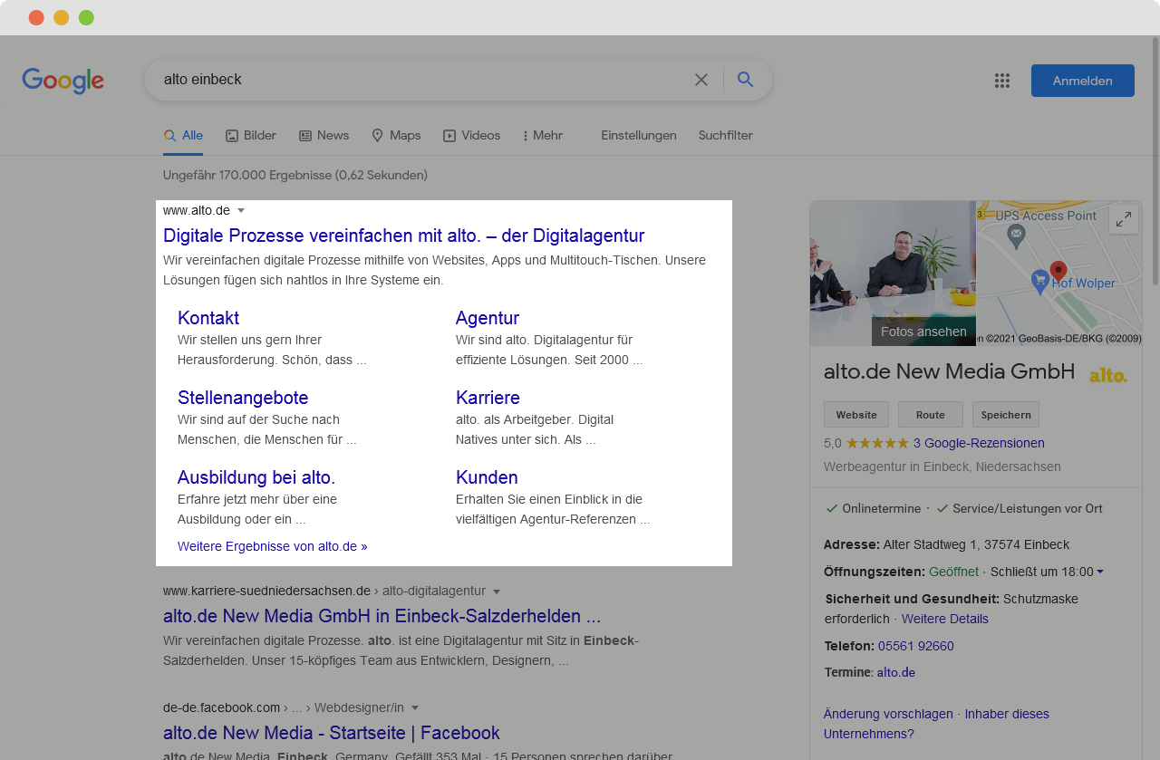 Ansicht eines Suchergebnisses mit Sitelinks bei Google