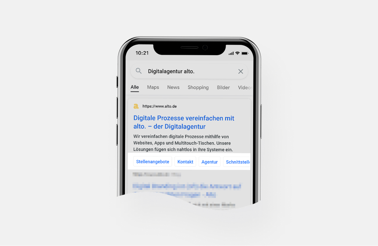Ansicht eines mobilen Suchergebnisses mit Mini-Sitelinks 