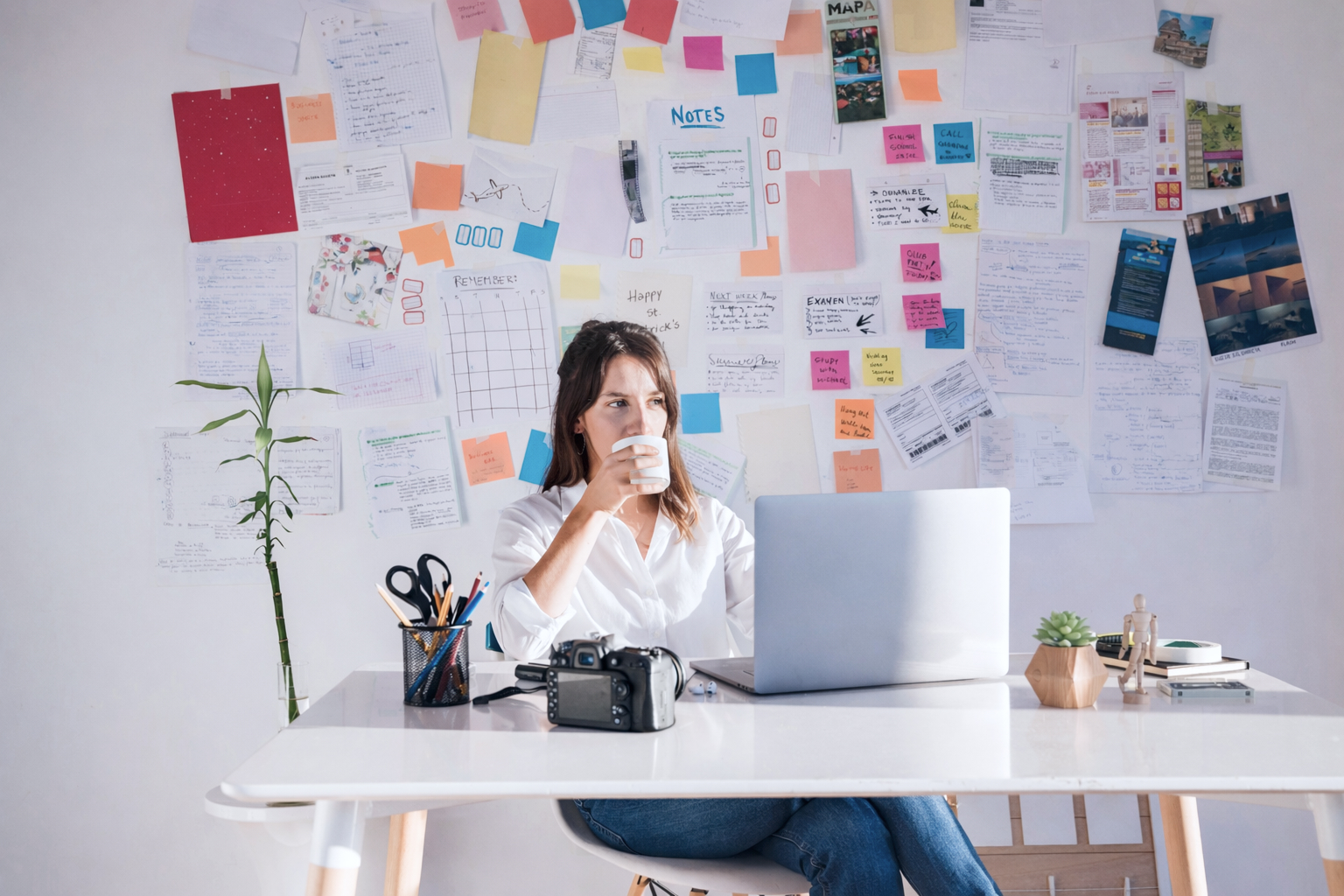 Person entwickelt eine Content-Marketing-Strategie mit Ideen und Notizen am Arbeitsplatz.