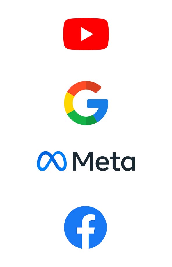 Logos von Google, Meta, Facebook und YouTube als Symbol für Cookies und Tracking-Technologien.