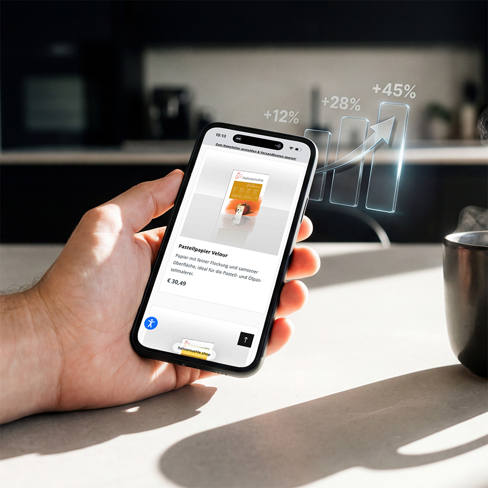 Shopware Agentur optimiert mobilen Online-Shop auf Smartphone mit Produktansicht und steigenden Conversion-Raten.