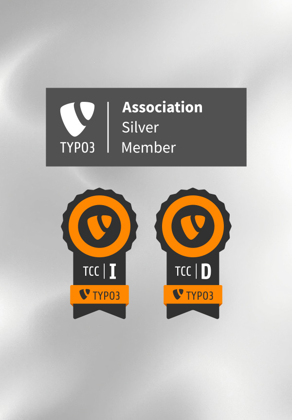 Zertifizierungs-Grafik: TYPO3 Association Silver Member, Certified Consultant (TCC Integrator und Developer) Badges für CMS-Expertise.