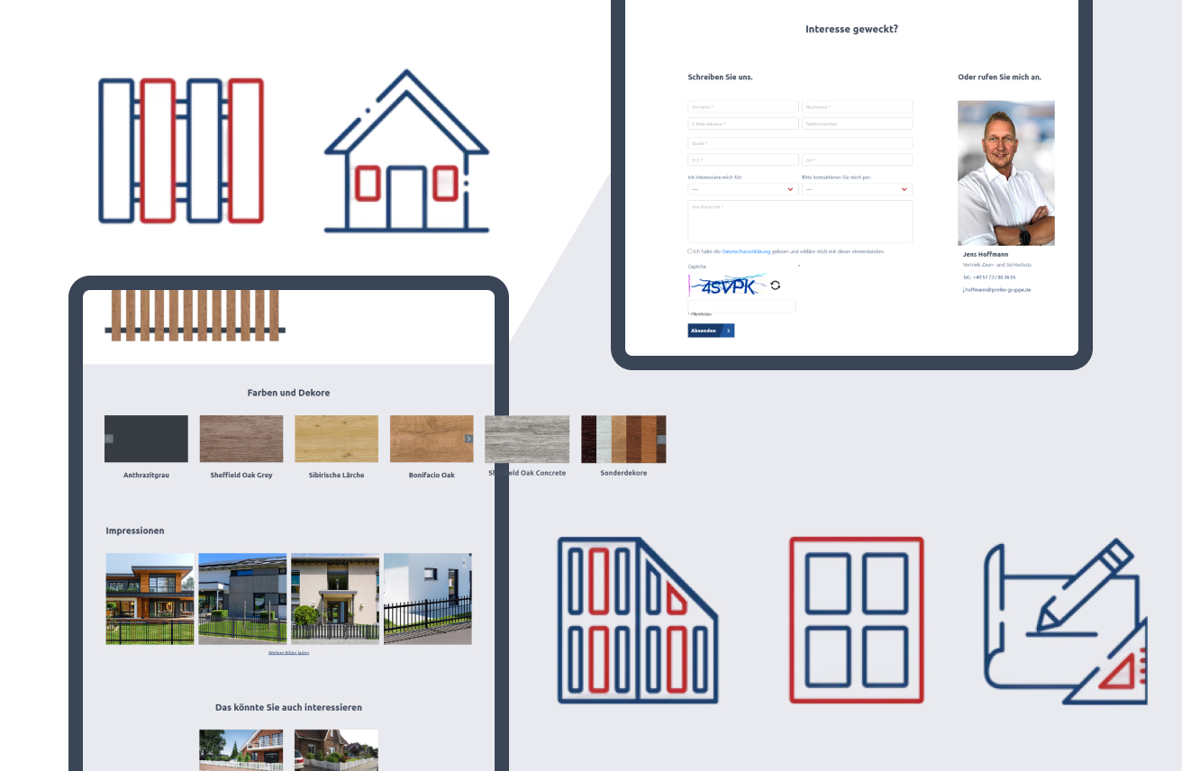 Icons und Tablet-Screens zeigen Zaunfarben und Kontaktformular