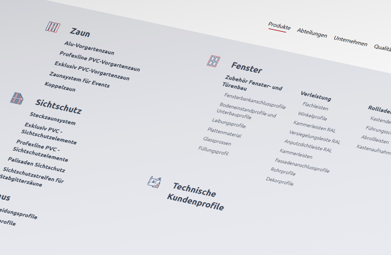 Website-Navigationsmenü mit Produktkategorien wie Zaun und Fenster