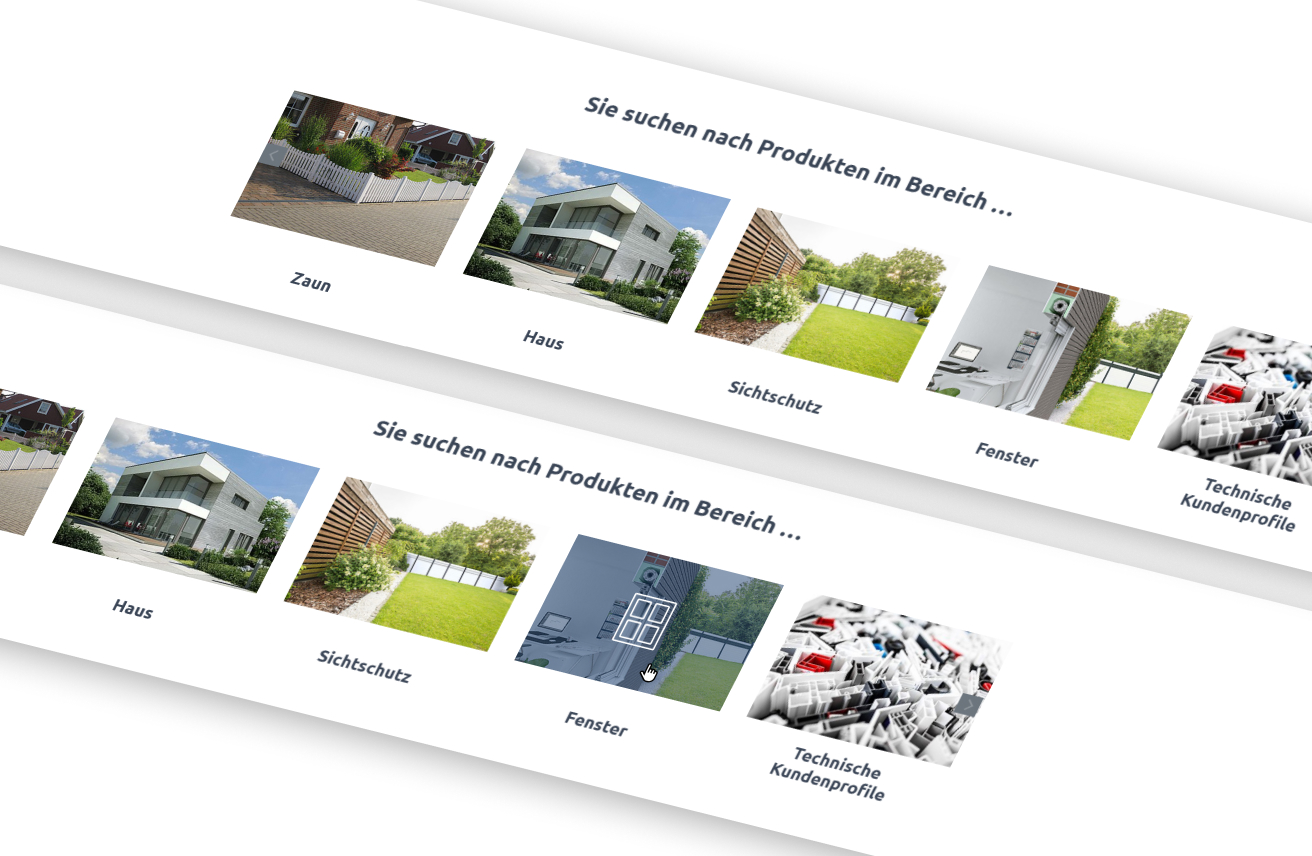 Übersicht mit Produktkategorien: Zaun, Haus, Sichtschutz, Fenster