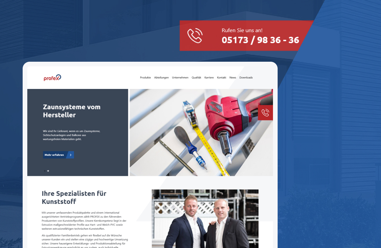 Firmenwebsite profex mit Kontakttelefonnummer und Werkzeugbild
