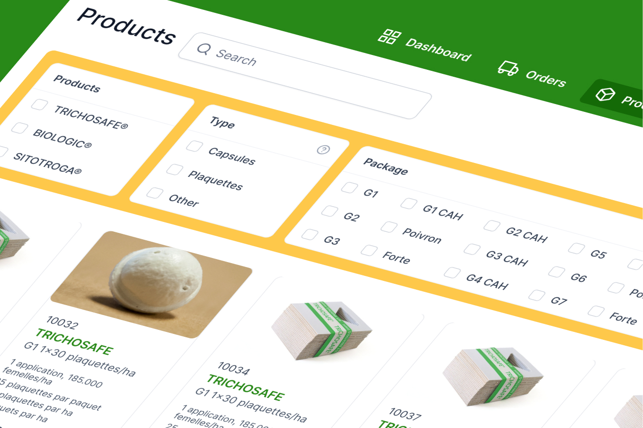 Screenshot der Filterung von Produkten auf der Produktseite des Bestellsystems
