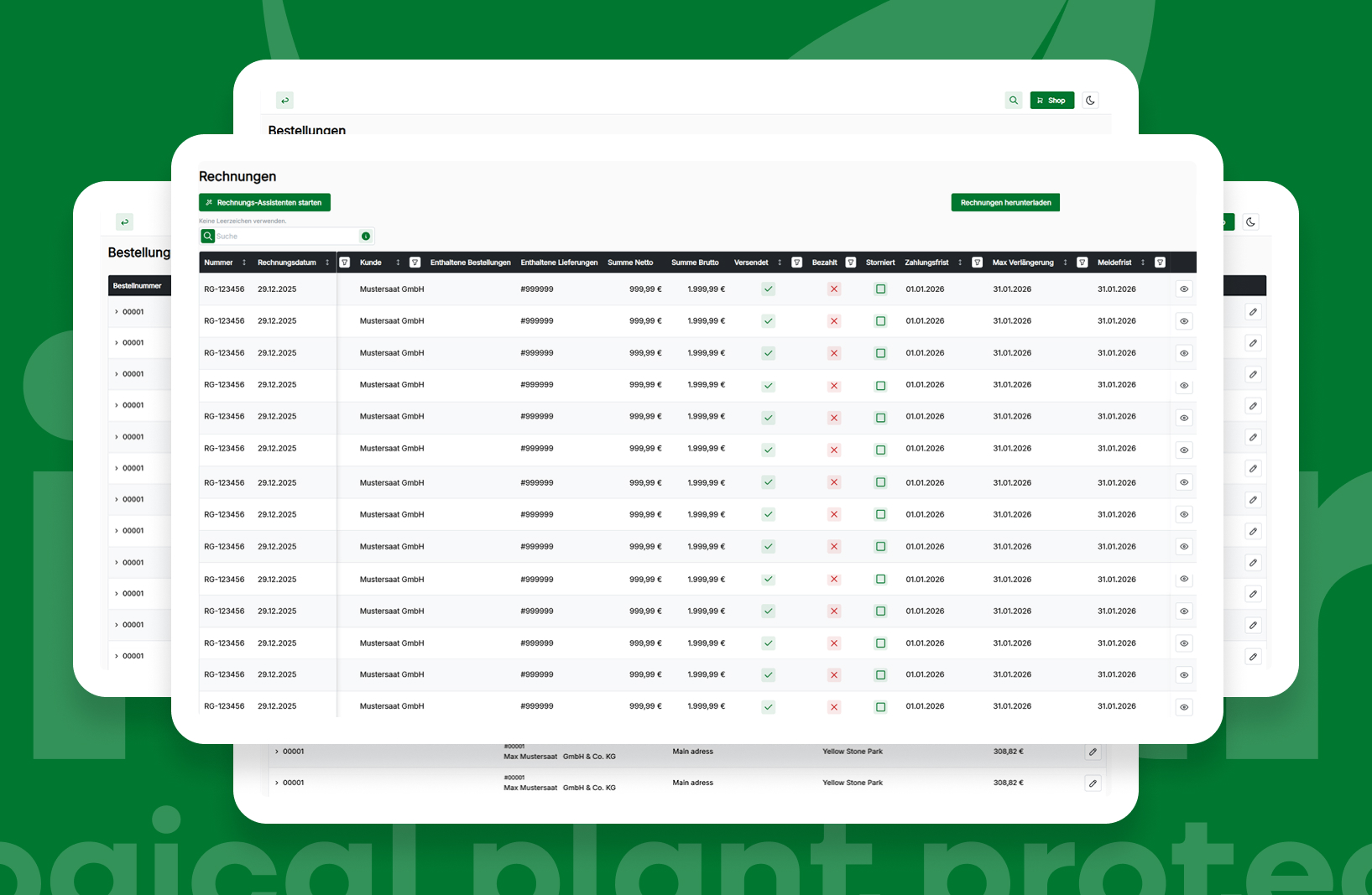 Abbildung zeigt die Desktop-Ansicht der Rechnungsübersicht auf grünem Hintergrund