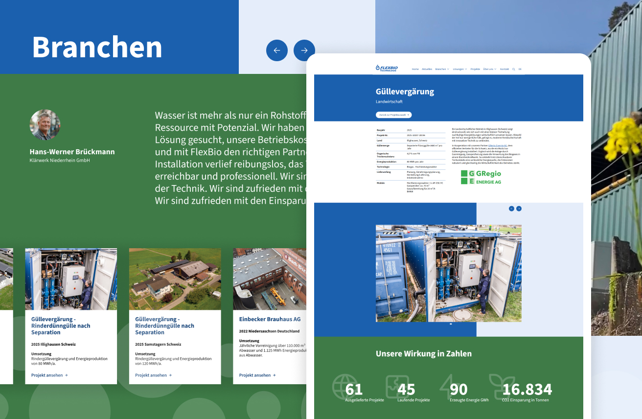 Bildkomposition der FlexBio-Branchenübersicht mit Kundenstimme, Projektkarten und eingeblendeter Website-Ansicht.