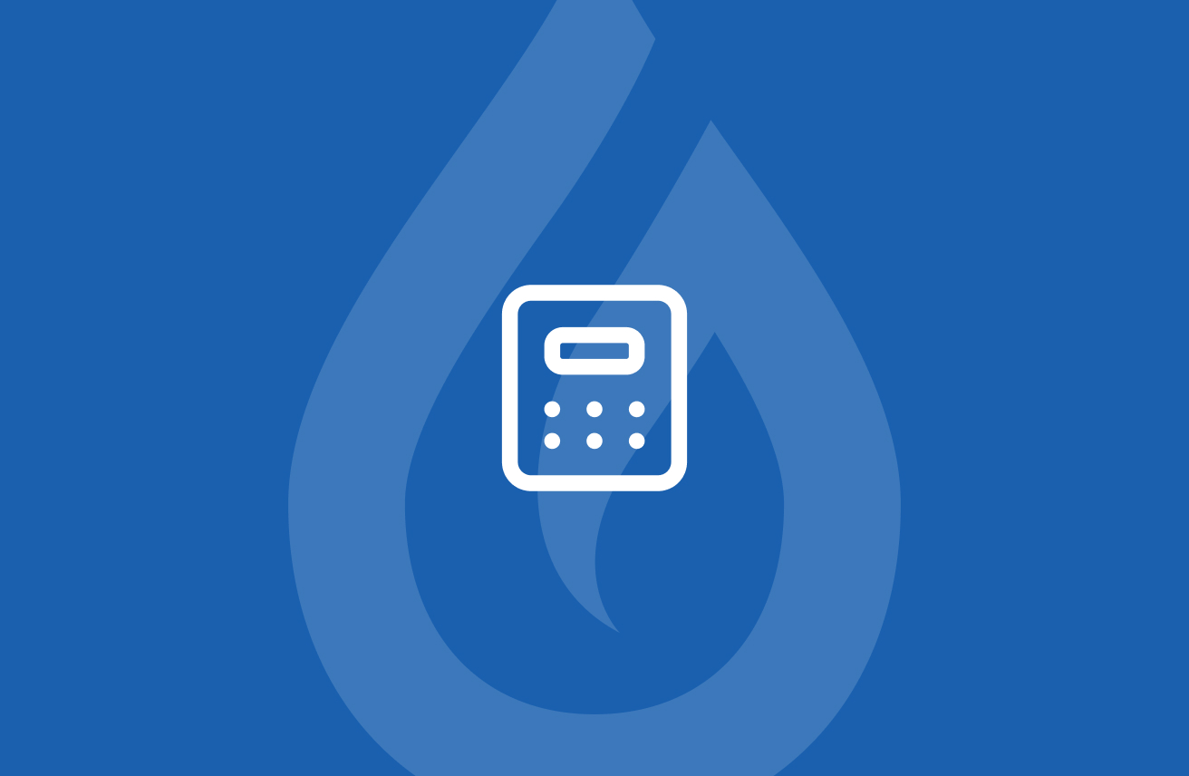 Weißes Rechner-Icon vor großem tropfenförmigem FlexBio-Symbol auf blauem Hintergrund.