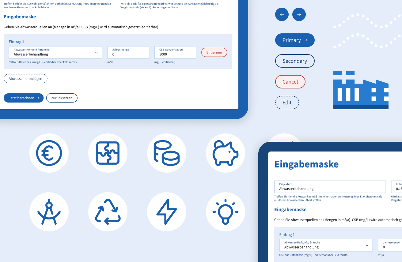 UI-Bildkomposition mit Eingabemaske, Buttons und Icons für Kosten, Technik, Recycling, Energie und Ideen.