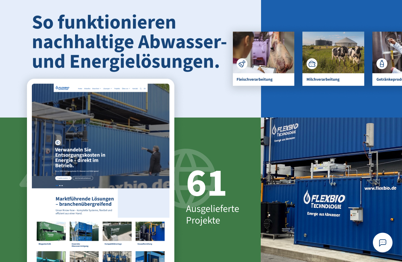 Bildkomposition der FlexBio-Website mit Startseite, Branchenkarten, Projektzahl und Foto einer technischen Containeranlage.