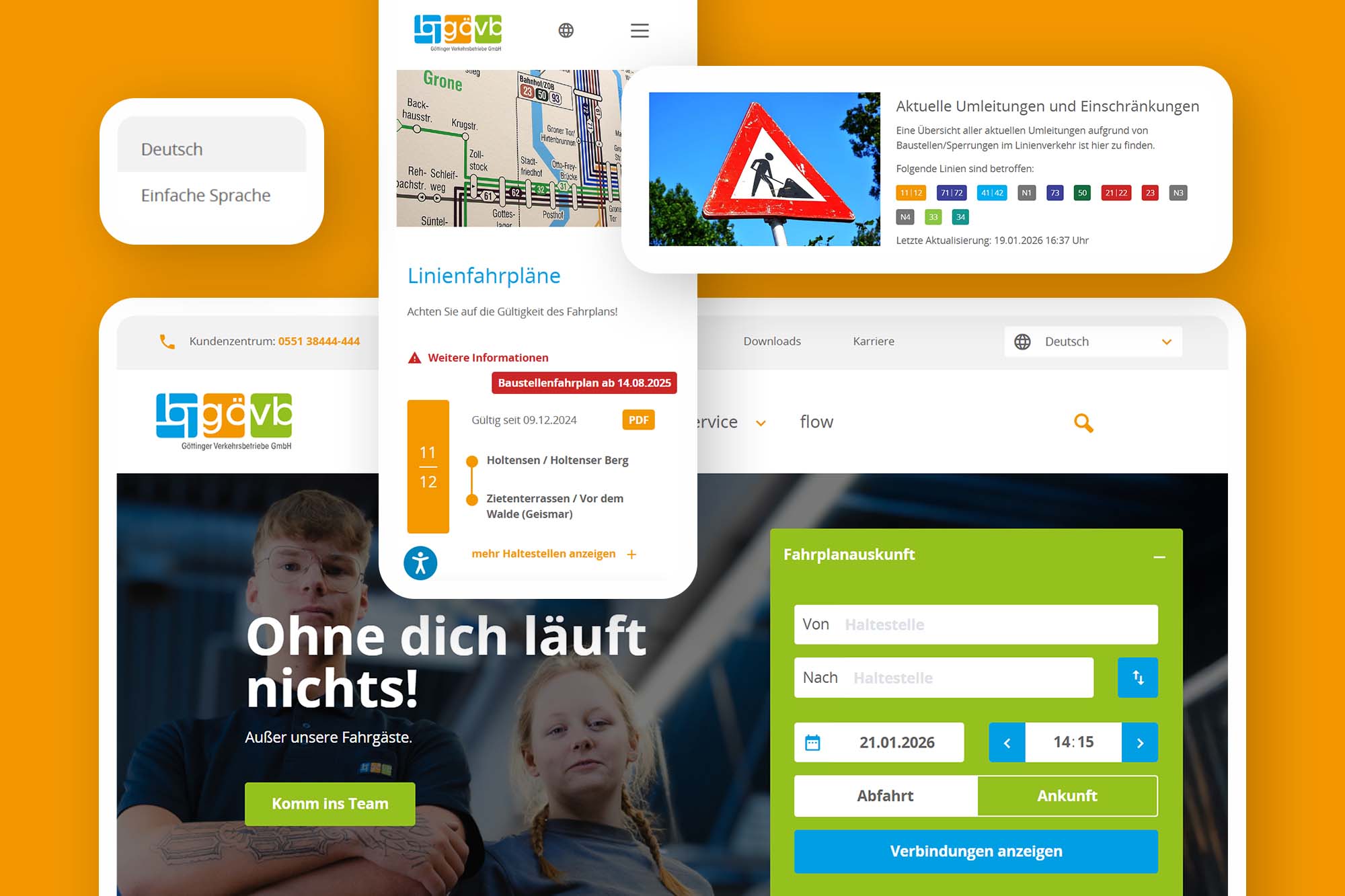 Abbildungen mobiler Ansichten der GÖVB-Website mit Fahrplänen, Umleitungen, Sprachwahl und Fahrplanauskunft