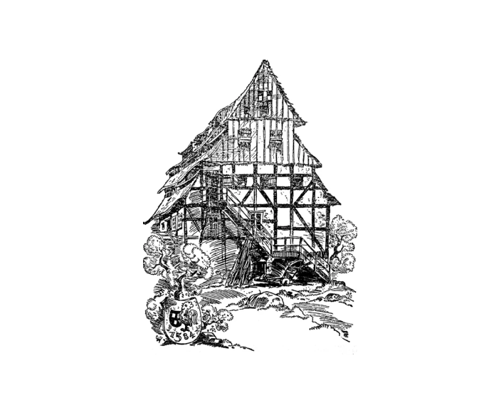 Historische schwarzweiße Zeichnung einer Fachwerkmühle mit Wasserrad und Wappen