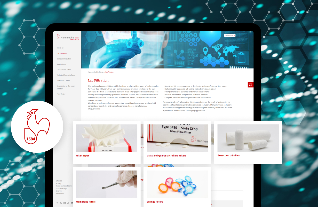 Hahnemühle Life-Science-Website auf Tablet mit Bereich Lab Filtration und Produktübersicht