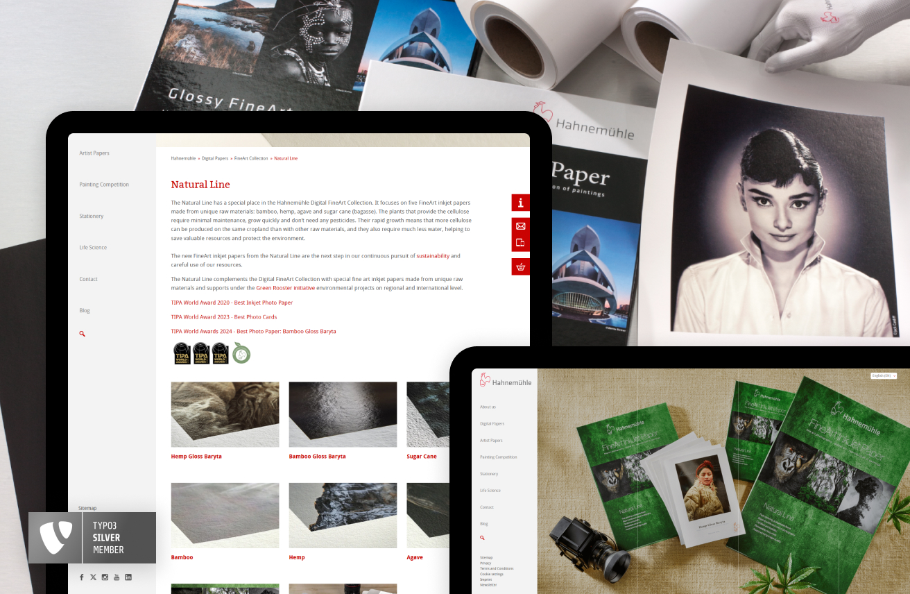 Hahnemühle-Website zur Natural Line auf großem Bildschirm mit Broschüren, Kunstdruck und eingeblendeter TYPO3-Silver-Member-Auszeichnung