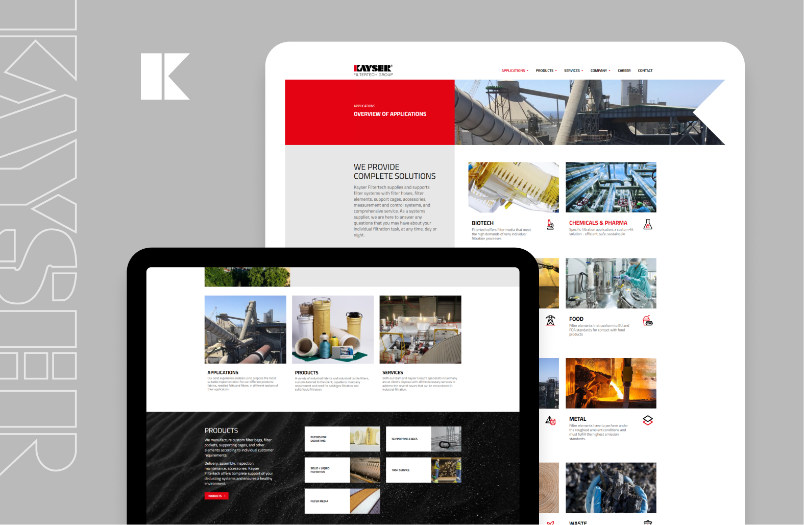 Website-Layouts der Kayser Filtertech Group auf Desktop und Tablet mit Anwendungsübersicht und Produktbereichen