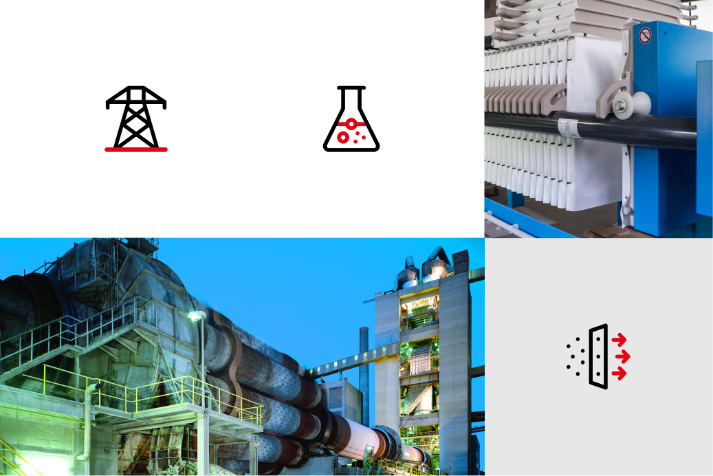 Bildanordnung aus Industrieanlagen, Filterpresse und Icons für Energie, Chemie und Filtration