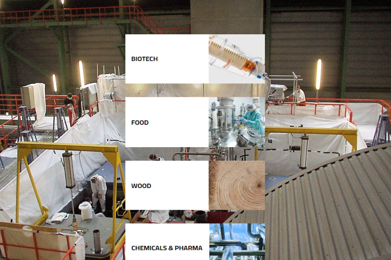 Branchenübersicht mit den Bereichen Biotech, Food, Wood sowie Chemicals & Pharma vor Produktionsumgebung