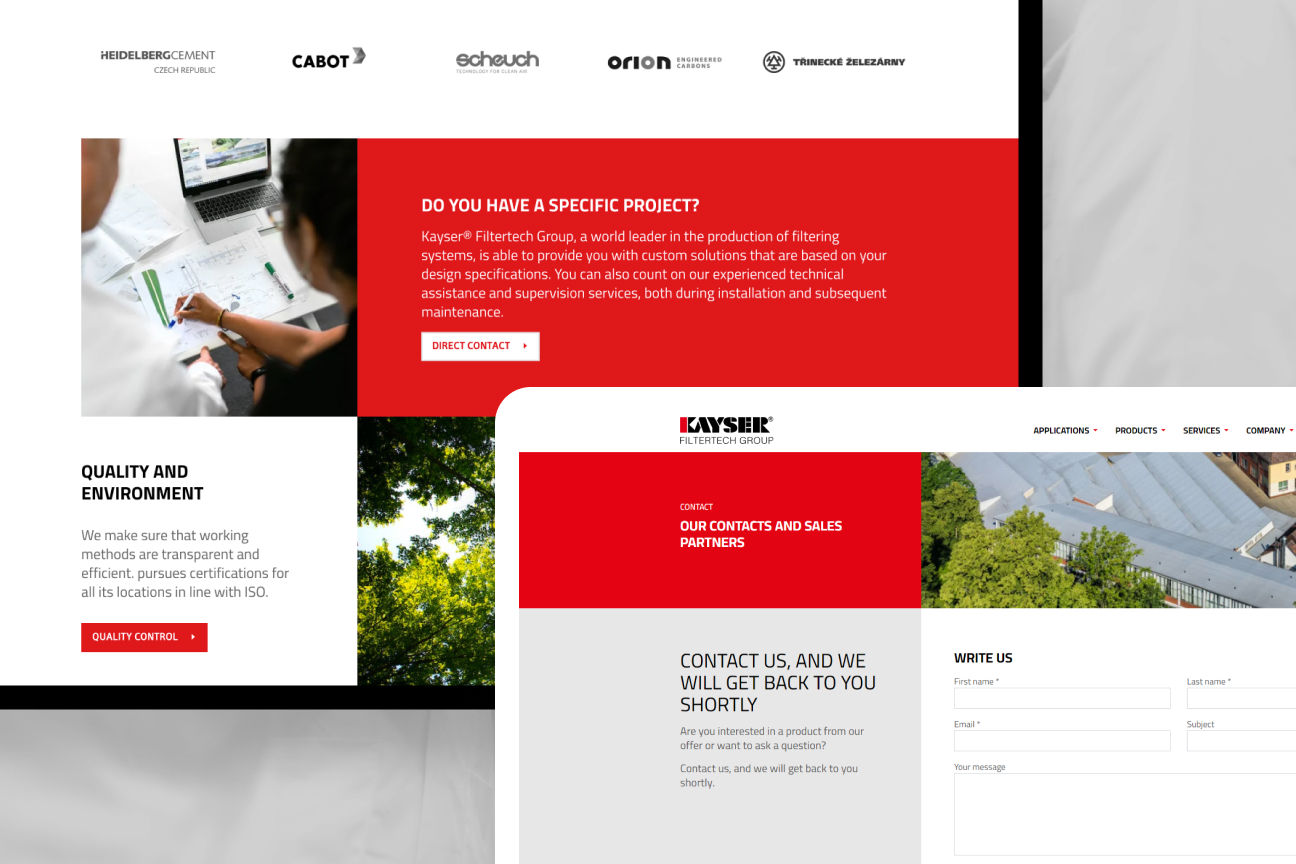 Website-Ausschnitte der Kayser Filtertech Group mit Qualitätsbereich, Projektanfrage und Kontaktformular