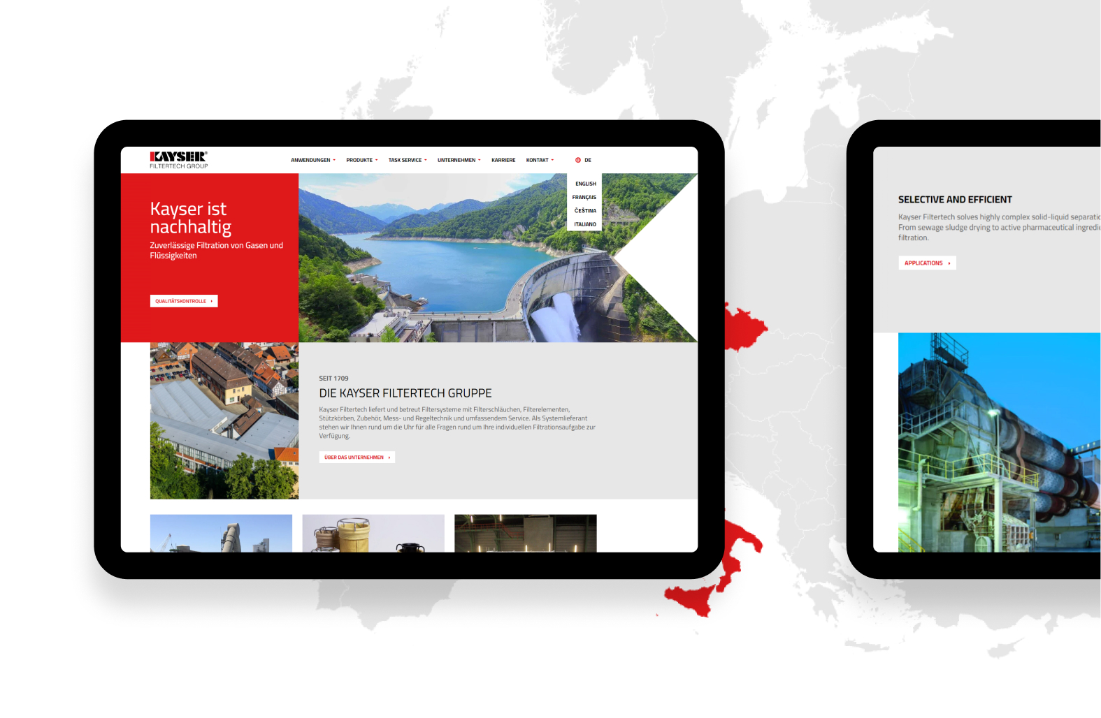 Kayser-Website auf Tablet vor Europakarte mit mehrsprachiger Navigation und Unternehmensdarstellung