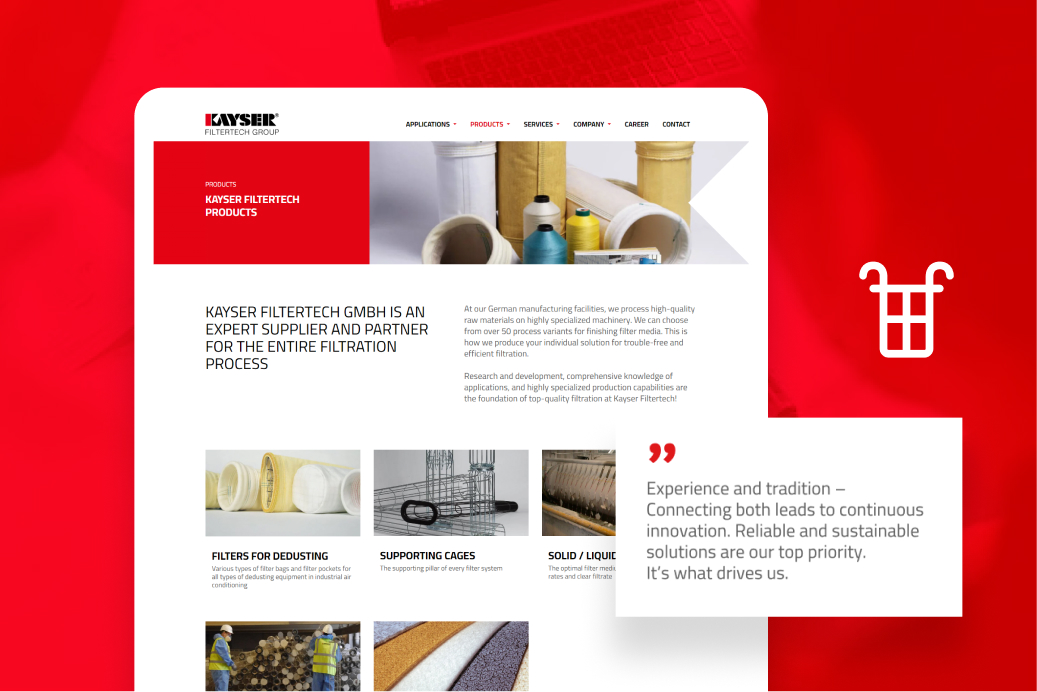Produktseite der Kayser Filtertech Group mit Filtrationsprodukten und hervorgehobenem Zitat auf rotem Hintergrund