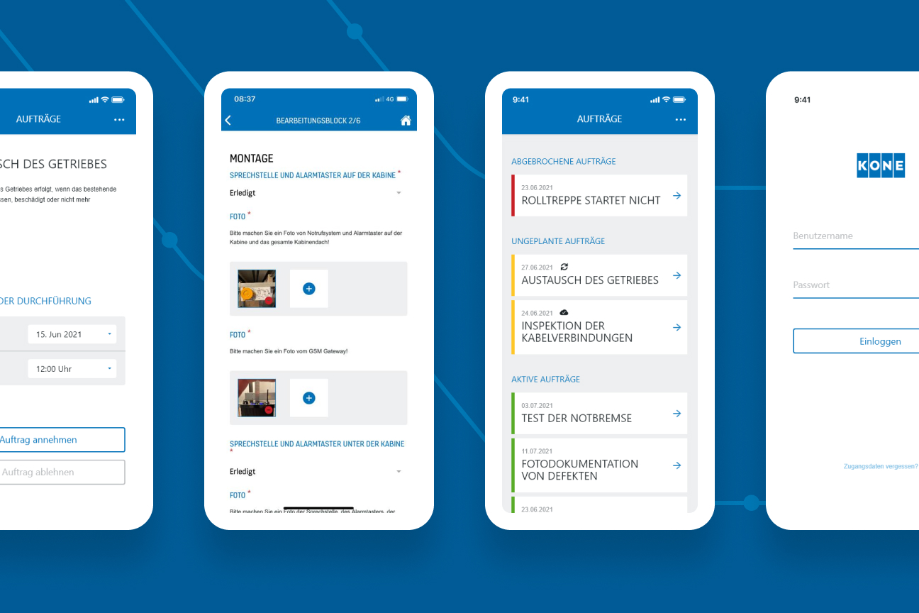 Mehrere Smartphone-Ansichten der KONE-Service-App mit Aufträgen, Formularen und Login auf blauem Hintergrund