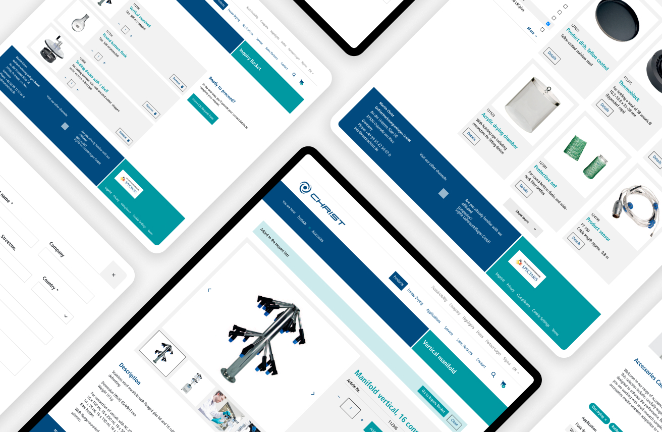 Bildkomposition mehrerer Tablet-Ansichten des CHRIST-Produktkatalogs mit Laborzubehör und Produktdetailseiten