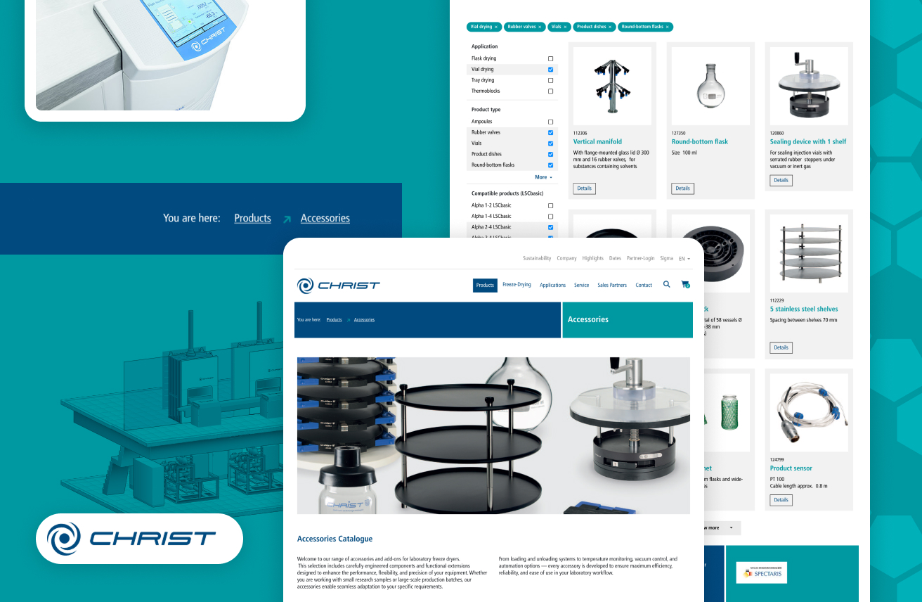 Bildkomposition aus CHRIST-Website, Zubehörkatalog und Produktübersicht für Laborzubehör auf türkisfarbenem Hintergrund