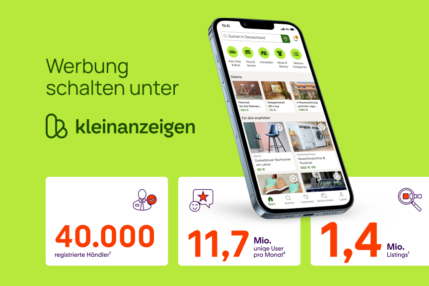 Werbegrafik für Kleinanzeigen mit Smartphone, App-Oberfläche und Kennzahlen zu Händlern, Usern und Listings