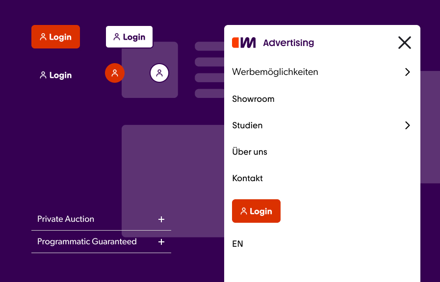 Mobile Navigation von mobile.de Advertising mit Menüeinträgen, Login-Buttons und Sprachumschaltung auf violettem Hintergrund