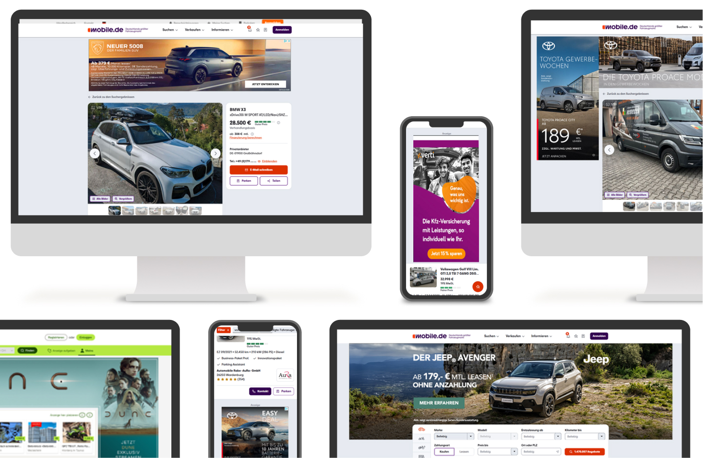 Bildkomposition verschiedener Werbeplatzierungen auf Desktop, Smartphone und Tablet innerhalb der mobile.de Plattform