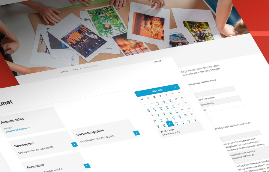 Bildkomposition einer Intranet-Oberfläche mit Fotoübersicht, Kalender und Informationskacheln