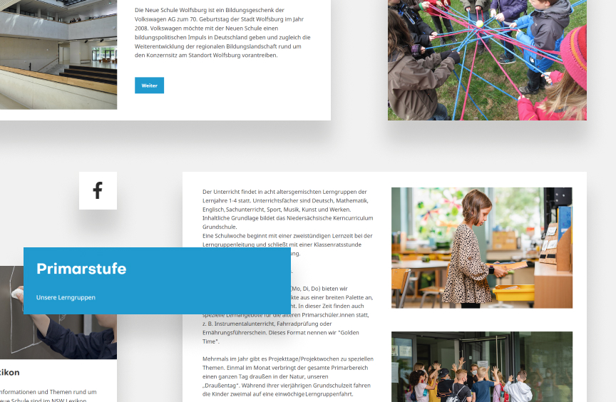 Bildkomposition einer Website-Unterseite der Neuen Schule Wolfsburg mit Textbereichen und Schulfotos zur Primarstufe