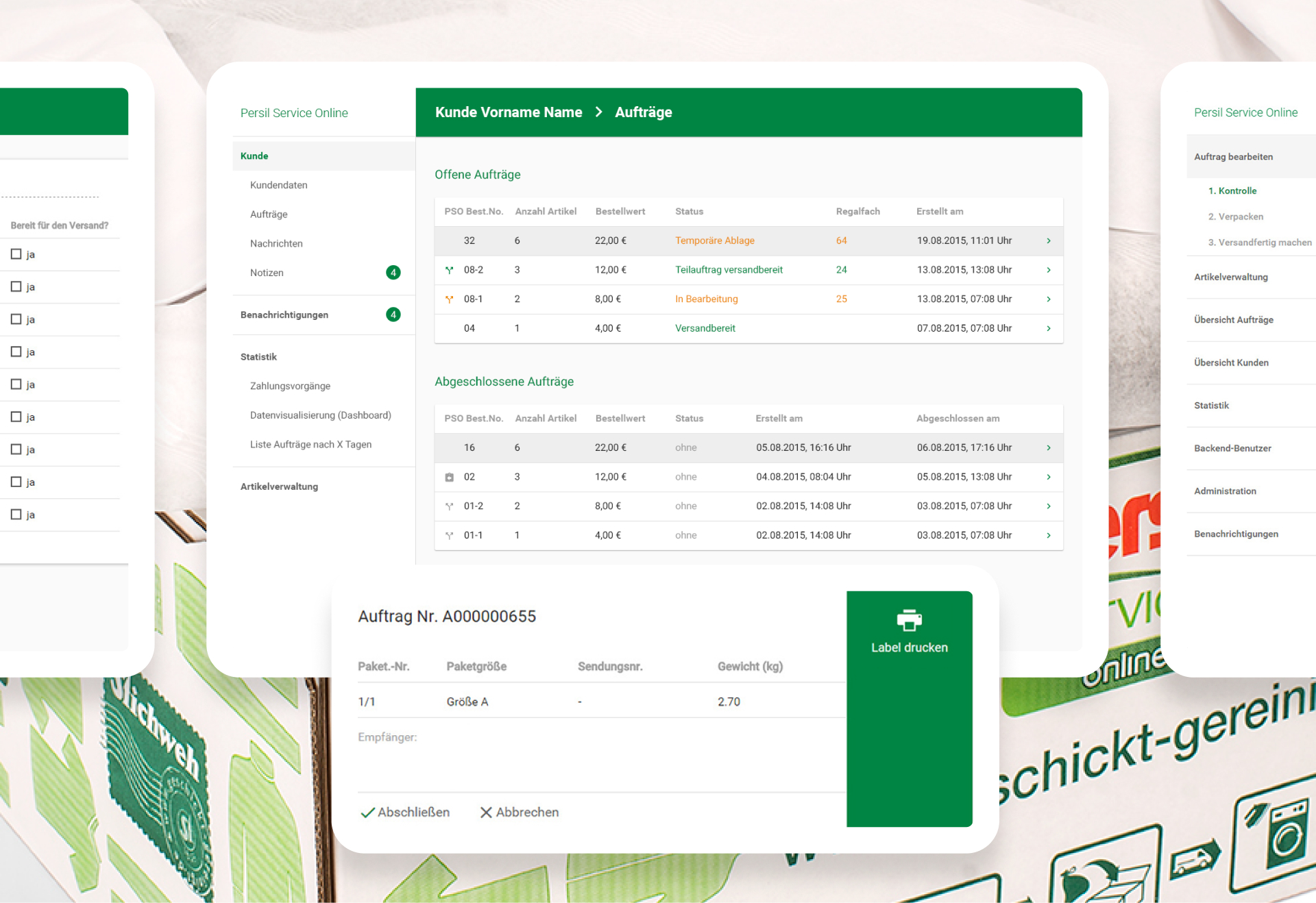 Dashboard des Persil-Service-Online-Portals mit offenen und abgeschlossenen Aufträgen sowie Button zum Labeldruck