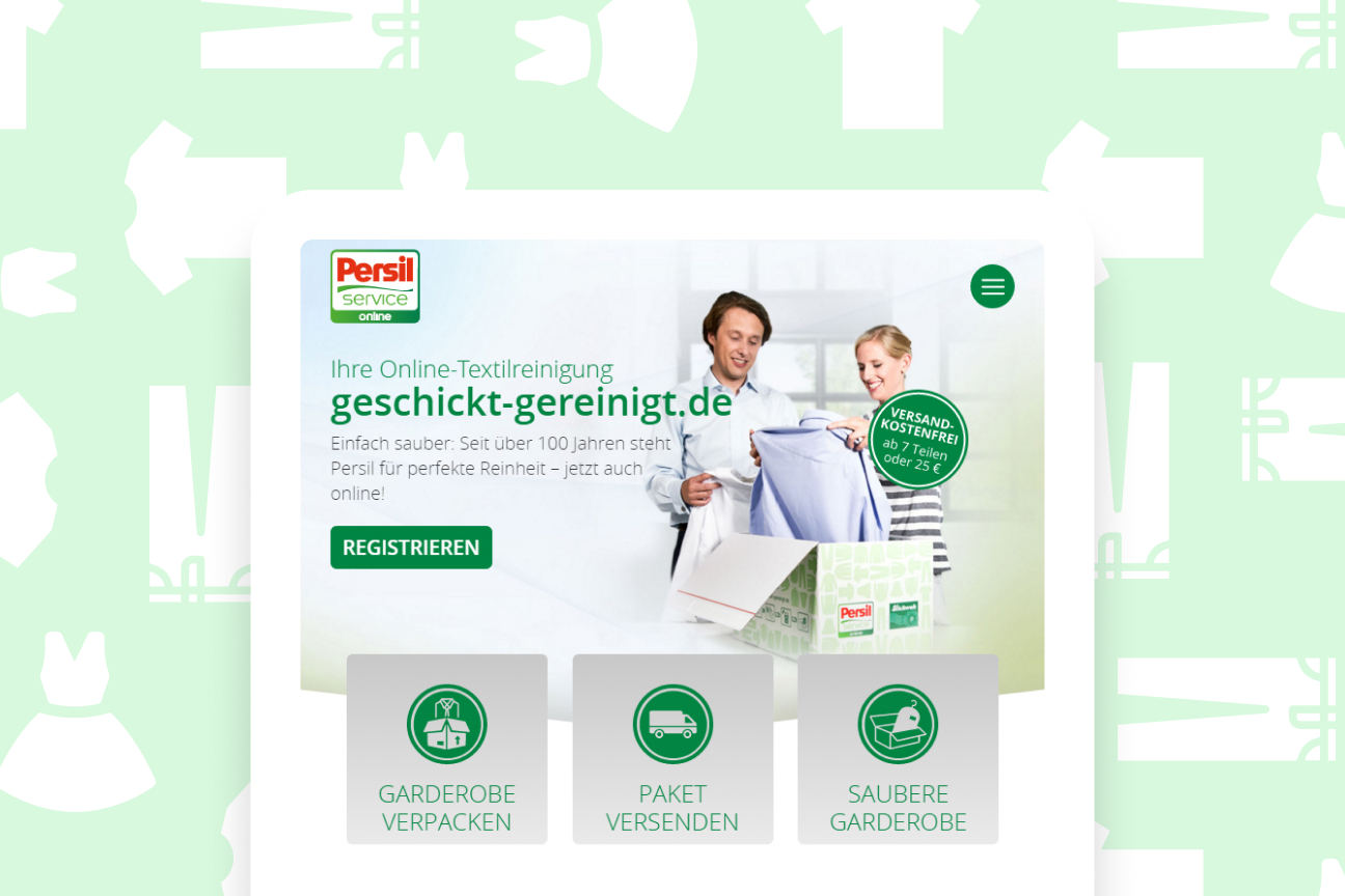 Startseite von Persil Service Online auf einem Tablet mit den Schritten Garderobe verpacken, Paket versenden und saubere Garderobe