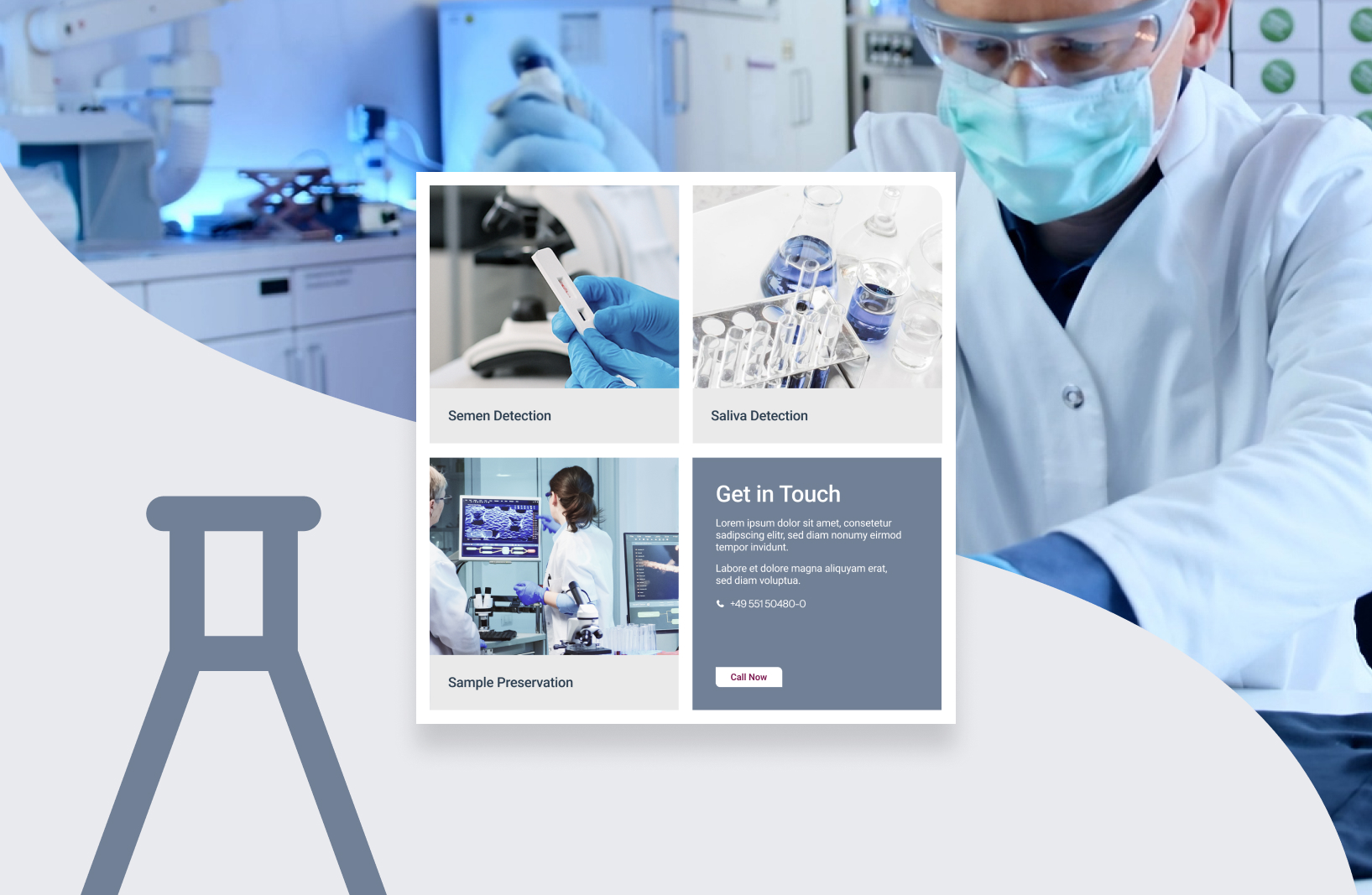 Laborumgebung mit Wissenschaftler in Schutzkleidung und Kachelübersicht zu Seratec-Anwendungen wie Semen Detection, Saliva Detection und Sample Preservation